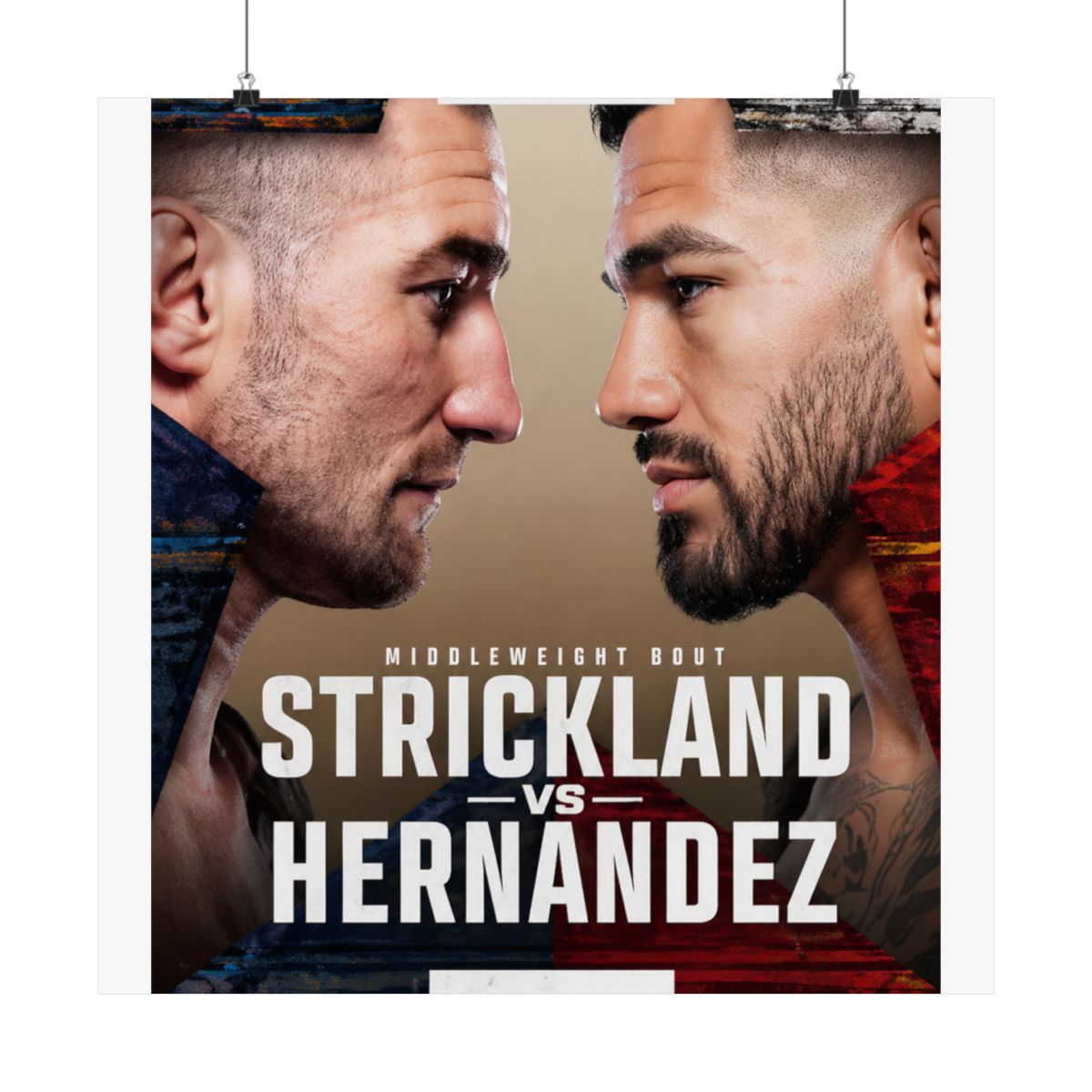 Framed UFC Fight Night poster featuring Strickland vs. Hernandez. The poster shows two fighters facing each other, with event details and the Paramount+ logo at the bottom. The colour scheme includes... - Official Posters & Wall Art merchandise