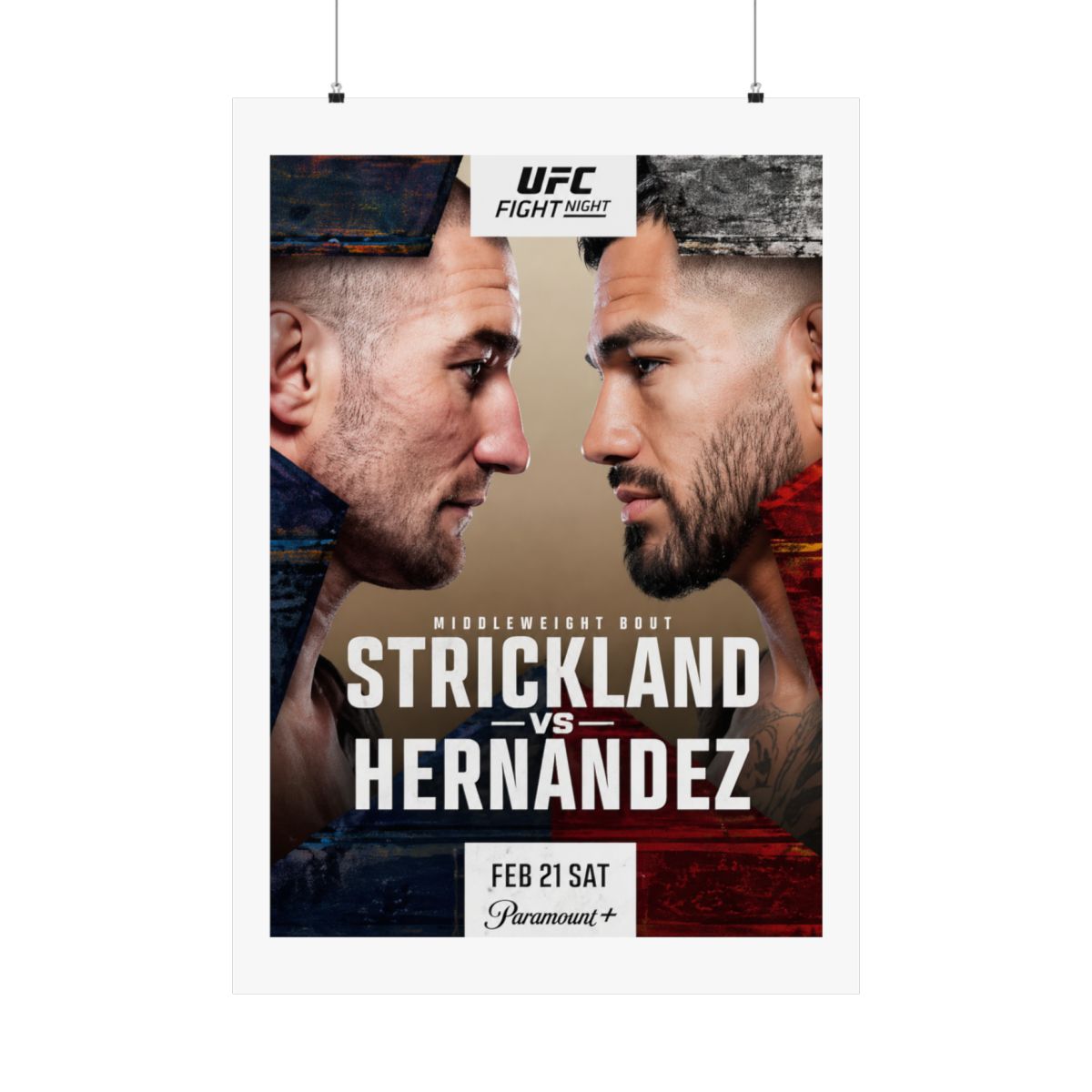 Framed UFC Fight Night poster featuring Strickland vs. Hernandez. The poster shows two fighters facing each other, with event details and the Paramount+ logo at the bottom. The colour scheme includes... - alternate angle 2, merchandise