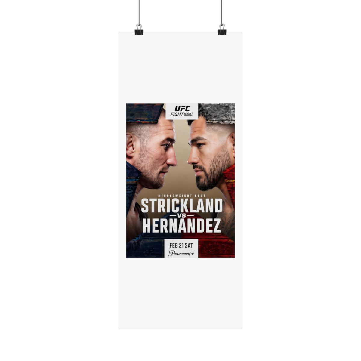 Framed UFC Fight Night poster featuring Strickland vs. Hernandez. The poster shows two fighters facing each other, with event details and the Paramount+ logo at the bottom. The colour scheme includes... - alternate angle 3, merchandise