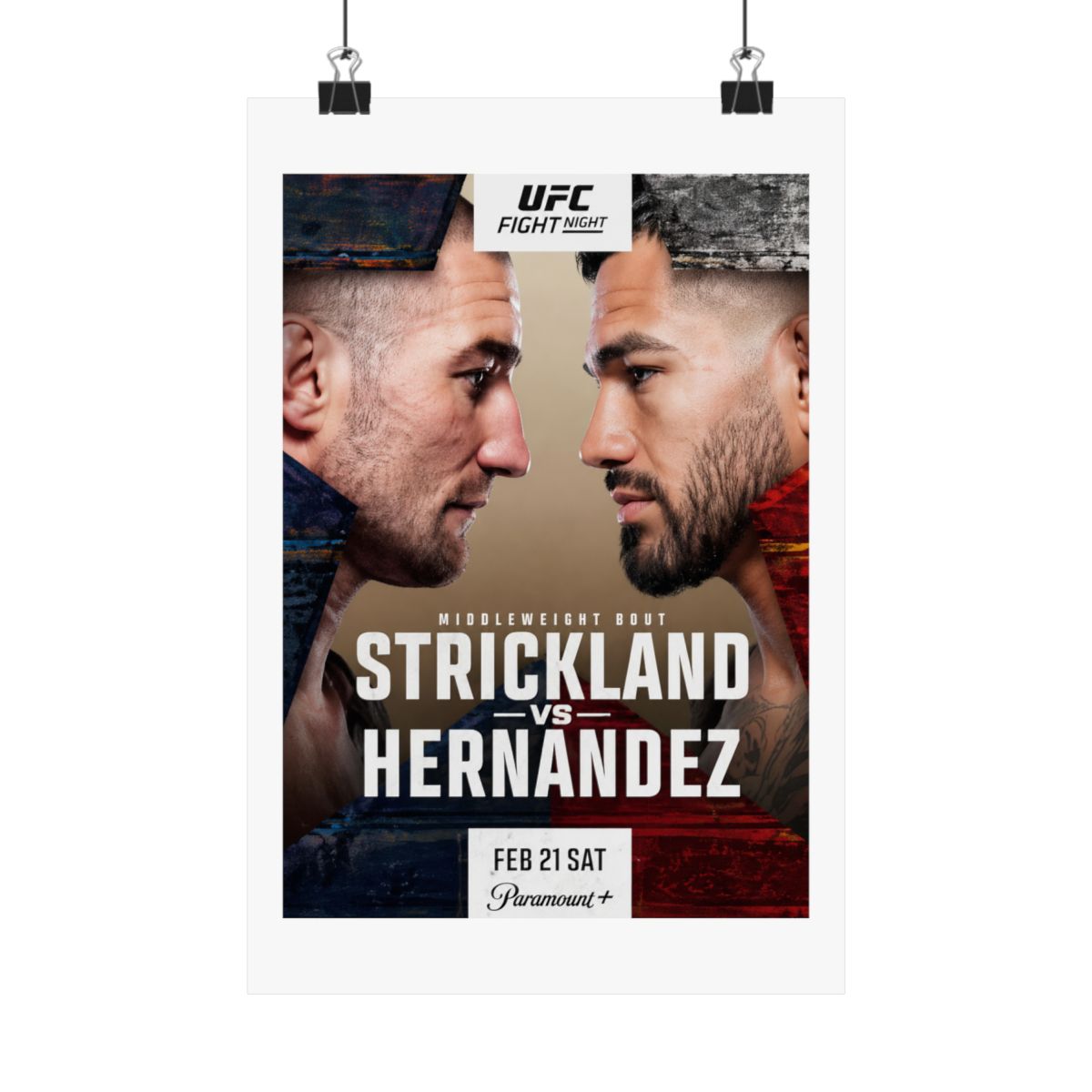 Framed UFC Fight Night poster featuring Strickland vs. Hernandez. The poster shows two fighters facing each other, with event details and the Paramount+ logo at the bottom. The colour scheme includes... - alternate angle 5, merchandise