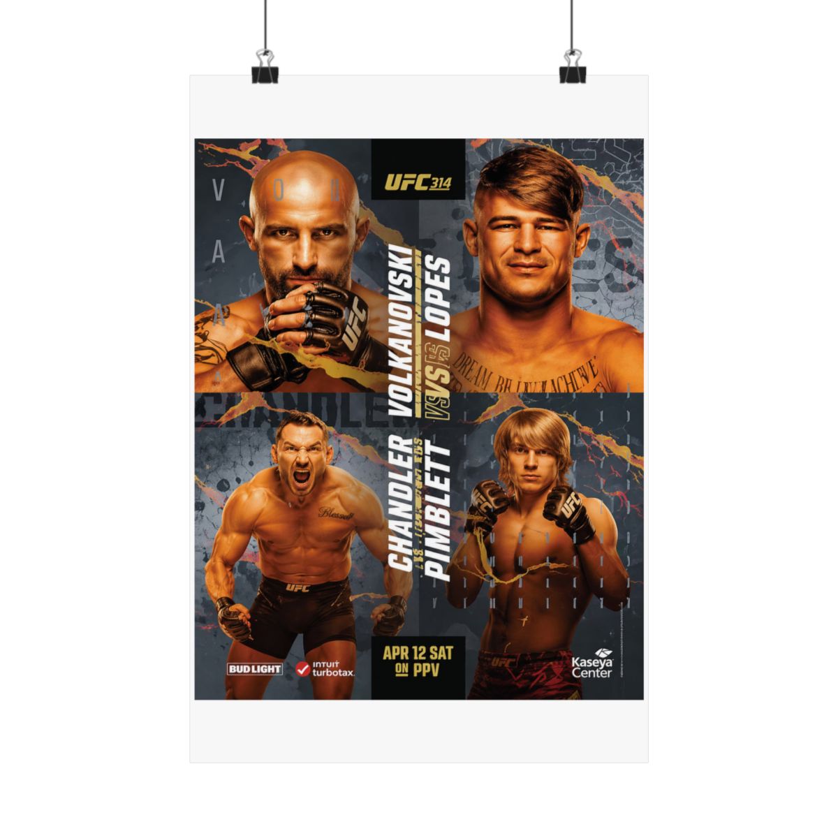 A poster advertising a UFC fight card featuring Chandler vs. Pimblett and Volkanovski vs. Lopes. The poster is black and gold with the UFC logo and the fighters' names in large white letters. The... - alternate angle 3, merchandise