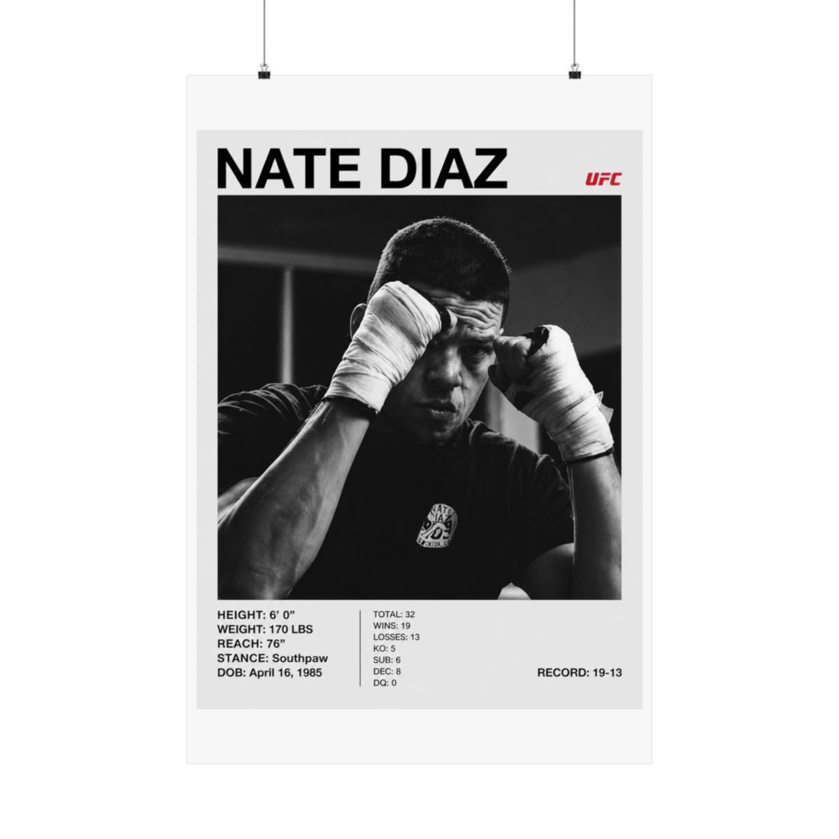 Black and white poster featuring Nate Diaz, a UFC fighter, with the UFC logo. The poster includes Diaz's height, weight, reach, stance, date of birth, and record. Diaz is shown with wrapped hands - Official posters-wall-art merchandise