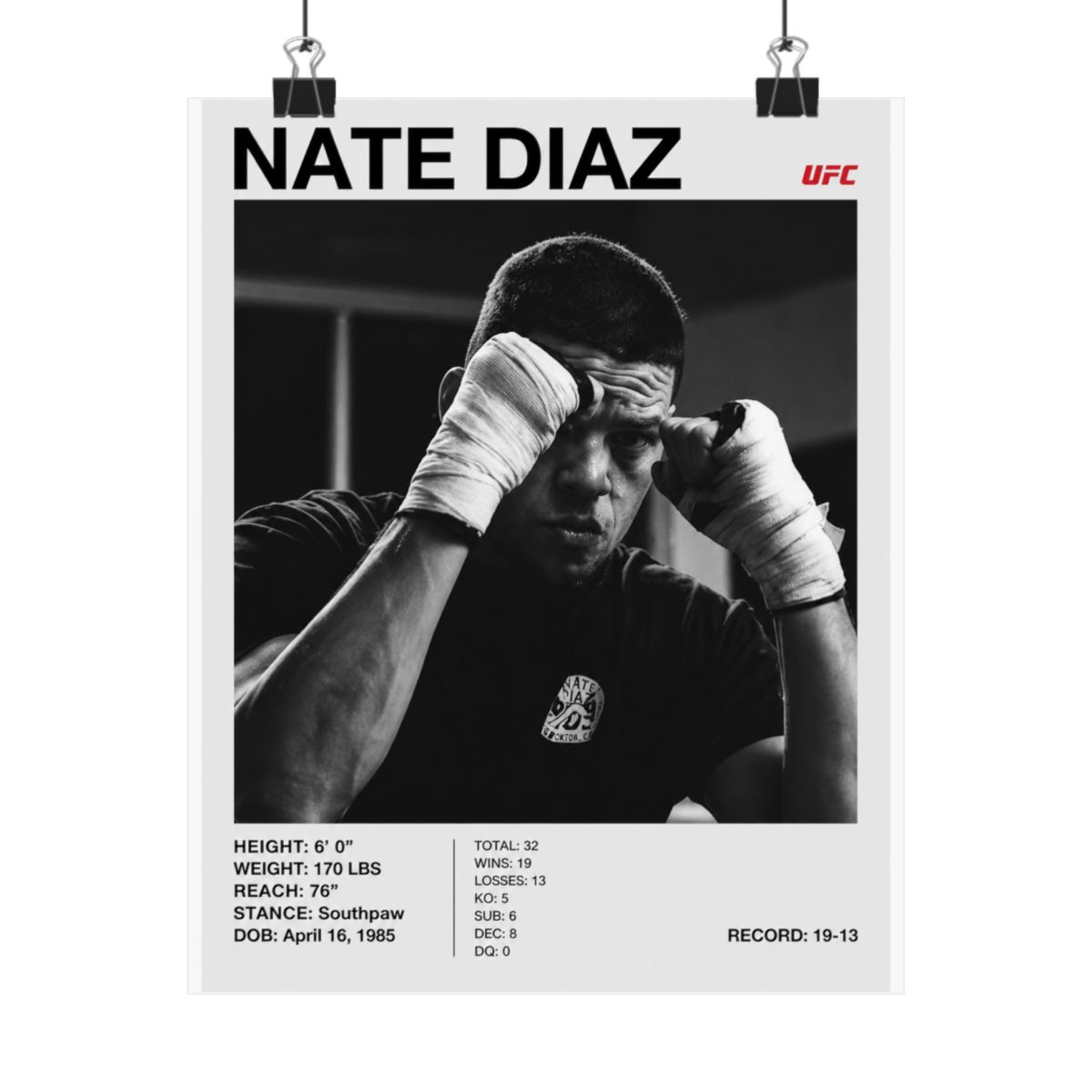 Black and white poster featuring Nate Diaz, a UFC fighter, with the UFC logo. The poster includes Diaz's height, weight, reach, stance, date of birth, and record. Diaz is shown with wrapped hands - alternate angle 5, merchandise