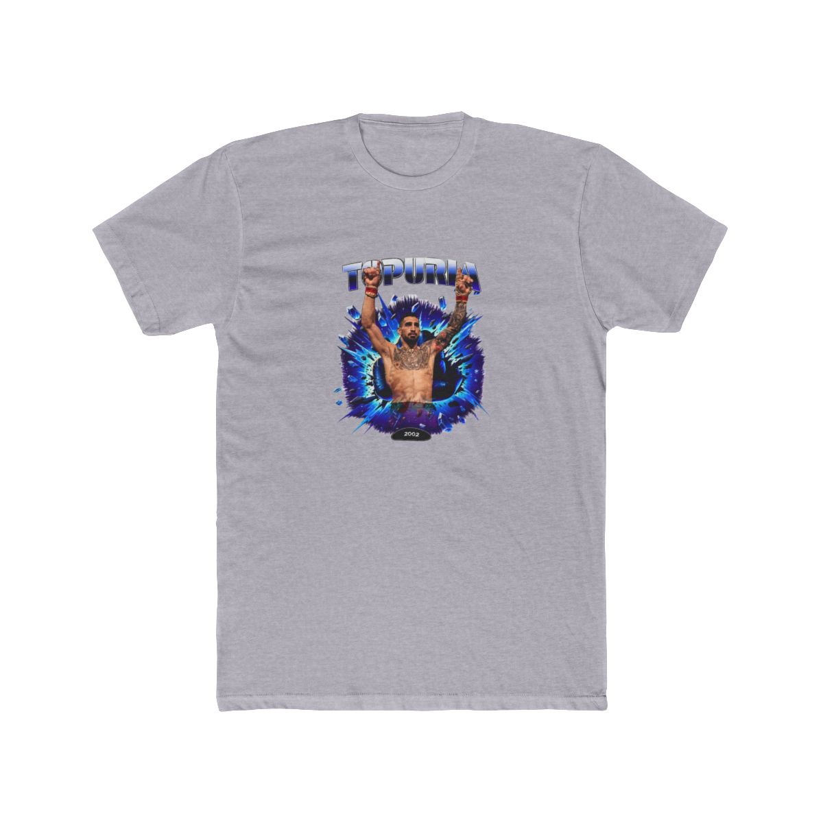 Black T Shirt with a graphic of a man with raised arms, breaking through a blue and purple burst. The word "TOPURIA" is across the top, with "2002 FIGHT" below. The shirt is displayed on a wooden... - alternate angle 3, merchandise