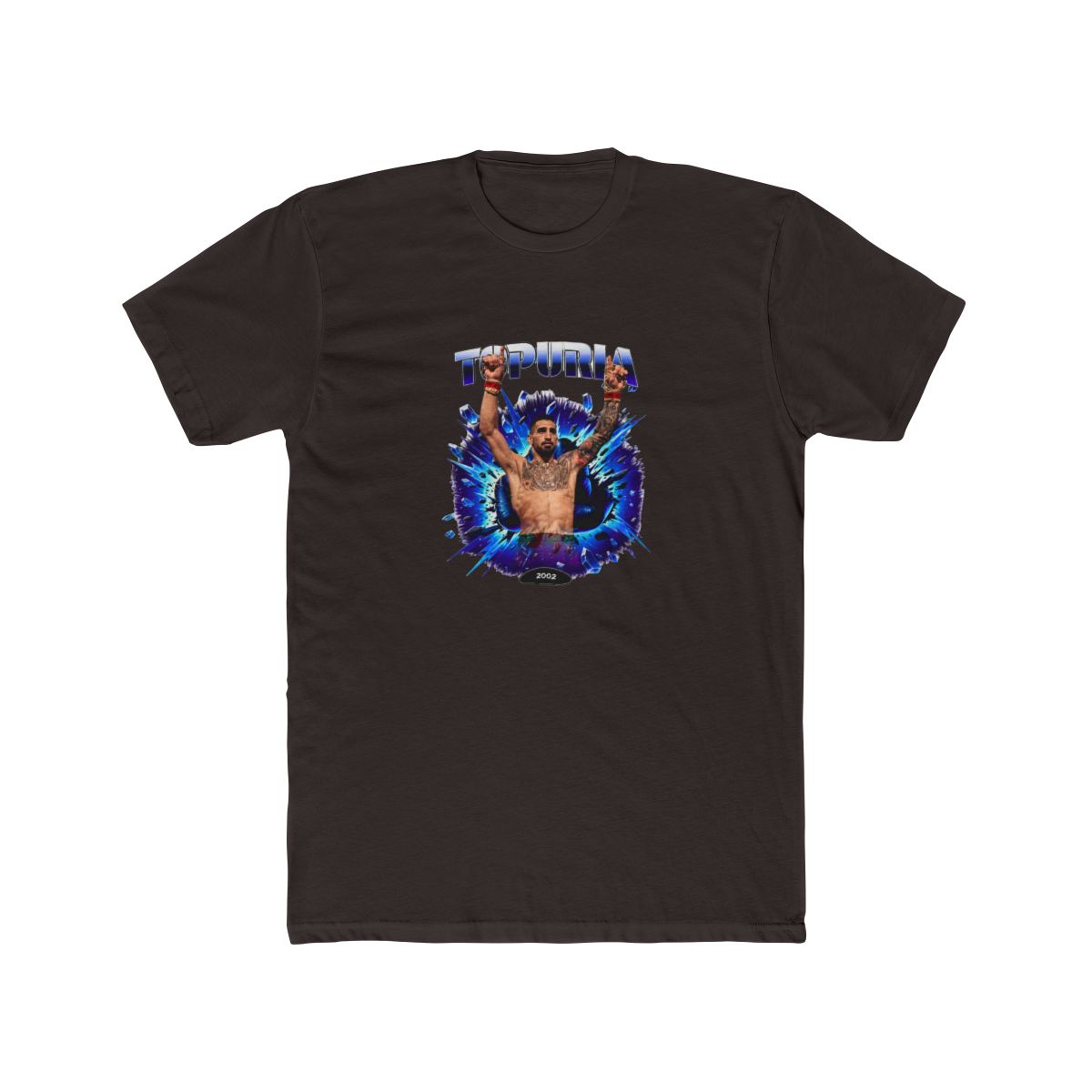 Black T Shirt with a graphic of a man with raised arms, breaking through a blue and purple burst. The word "TOPURIA" is across the top, with "2002 FIGHT" below. The shirt is displayed on a wooden... - alternate angle 2, merchandise