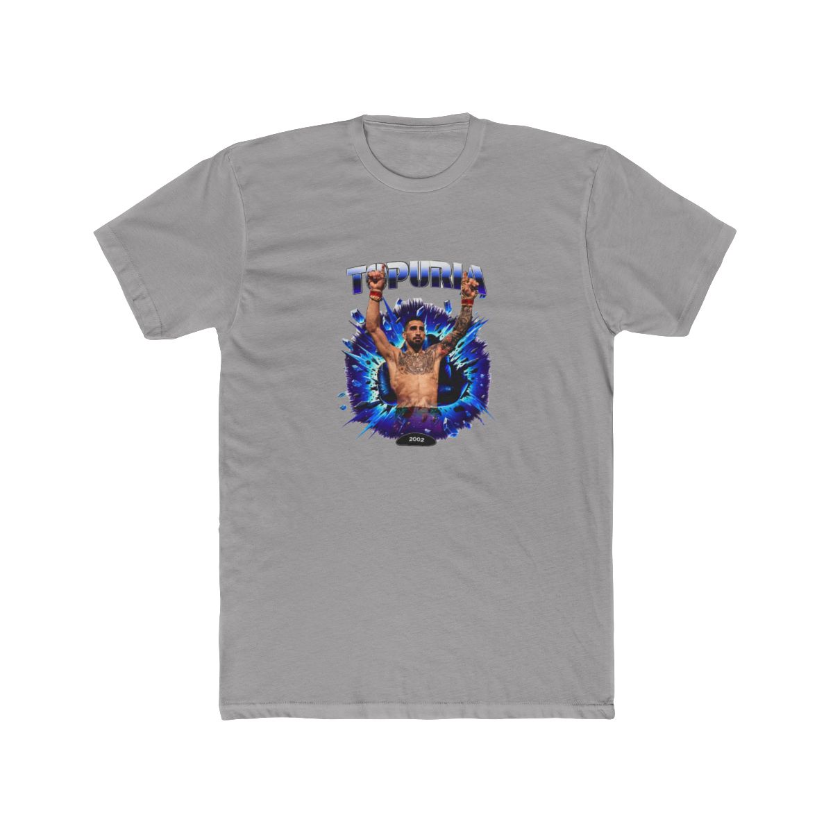 Black T Shirt with a graphic of a man with raised arms, breaking through a blue and purple burst. The word "TOPURIA" is across the top, with "2002 FIGHT" below. The shirt is displayed on a wooden...
